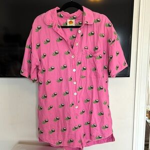 FARM Rio vibrant pink jumpsuit with tropical pattern and short sleeves